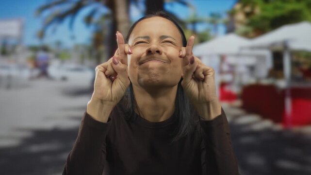 Young hispanic woman crossing fingers outdoors under sunshine with blurred background of palm trees and cafes suggesting hope or superstition in urban setting