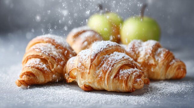 A pale minimal backdrop with apple-stuffed croissants and powdered sugar - Powered by Adobe