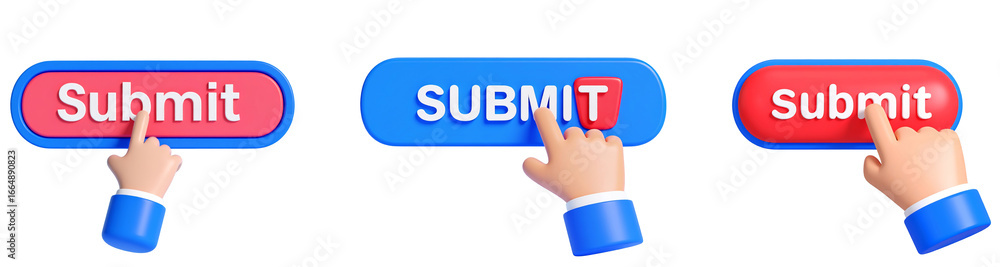 Poster 3d illustration of hand pressing colorful submit button, isolated on transparent background, with pl
