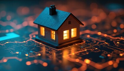 Small house model with glowing windows sits on digital circuit board. Abstract futuristic background shows data patterns in orange, blue. Technology, finance, investment, property, information system