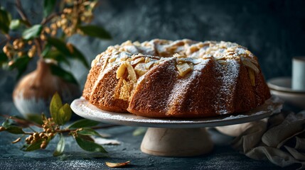 A sliced apple bundt cake on a cake stand with autumn branches and a moody dark background