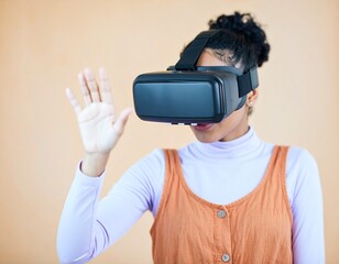 Woman with VR headset exploring virtual reality world