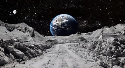 Scenic view of futuristic moon highway with Earth in the background Future, road overlooking planet