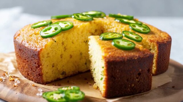 Cornbread Culinary Delight: A freshly baked cornbread adorned with sliced jalape&ntilde;os and expertly placed on a wooden cutting board. Savor the tempting texture and golden hues.