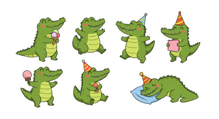 Charming collection of cartoon crocodiles celebrating with party hats and sweet treats