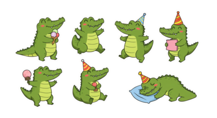 Charming collection of cartoon crocodiles celebrating with party hats and sweet treats