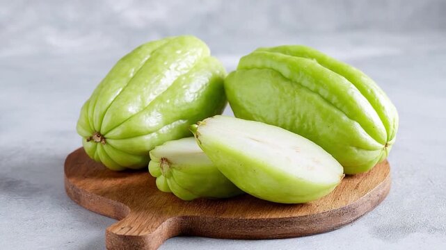 Chayote squash close up: The image features the fresh chayote squash. The image show one sliced chayote. The color of the squash is green. The background is clean.