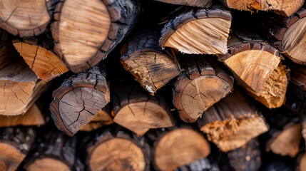A pile of wood logs with some of them having burn marks
