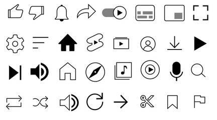 YouTubeやブラウザ操作を想定したシンプルな白黒のUIアイコンセット | Simple Black and White UI Icon Set for YouTube and Browser Interface