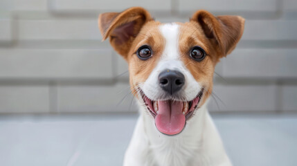 A brown and white dog with a pink tongue is smiling