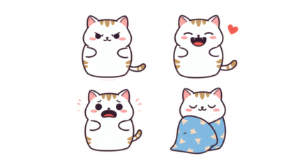 Adorable collection of kawaii cat character illustrations displaying a range of emotions