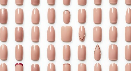 A grid of various artificial fingernails, showcasing different shapes and designs, with a neutral color palette.
