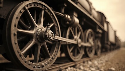 Sepia closeup of antique steam train wheel mechanism. Detailed view of aged iron steel locomotive components, spokes, piston, gears on railway tracks. Historic industrial transport power.