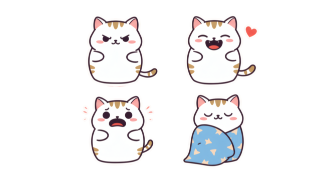 Adorable collection of kawaii cat character illustrations displaying a range of emotions