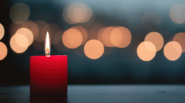 A red candle is lit in a dark room