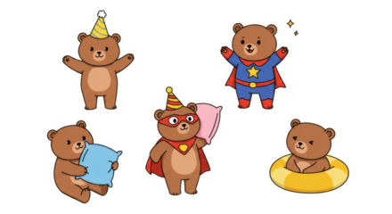 Cute cartoon bear characters in various playful poses, ready for celebration and fun