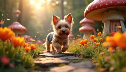 Adorable Yorkshire Terrier puppy walks on stone path through whimsical fairytale mushroom forest. Bright flowers bloom, sunlight filters through trees. Scene evokes magic, innocence, playful