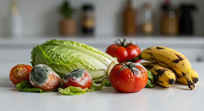 A collection of various rotten and moldy fruits and vegetables on a white kitchen counter, symbolizing food spoilage and waste