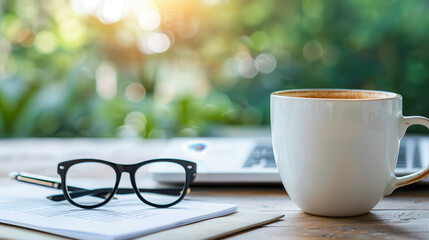 A white coffee cup sits on a table next to a pair of glasses and a laptop