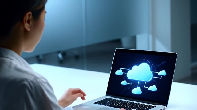 Woman Using Laptop Displaying Cloud Computing Diagram in Bright Modern Office with Focus on Digital Connectivity and