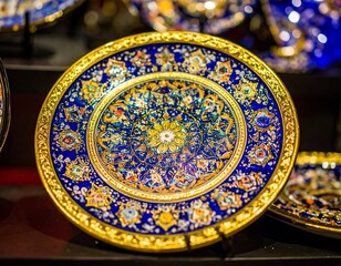 Admire handcrafted vibrant blue plate with intricate gold accents, perfect for elegant dining or cultural décor