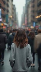 Woman with brown hair stands still in grey sweater on busy city street. Moving crowd passes by, representing solitude in urban environment. Urban social anxiety on city streets, people walking in