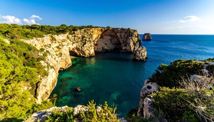 A breathtaking coastal view showcases a secluded cove, with towering cliffs, vibrant turquoise water, and lush greenery.