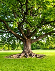 Lush oak tree in a grassy park