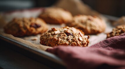 Close-up of apple oatmeal cookies on a paper-lined baking tray with a cozy napkin