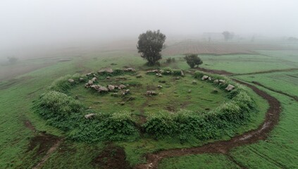 Ancient stone circle surrounded by vegetation in a misty landscape.