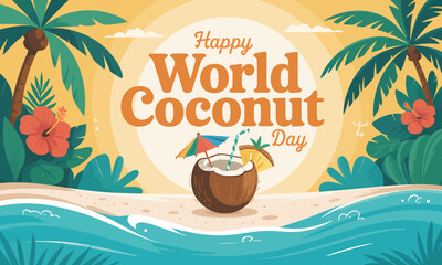 Hand drawn coconut day illustration celebrating world coconut day with tropical beach, ocean waves, palm trees, and festive summer vibes perfect for holiday and cultural celebration