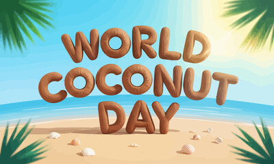 World coconut day beach lettering design with tropical palm shadows, golden sand, and summer island vibes, perfect for cultural celebration and food holiday art illustration