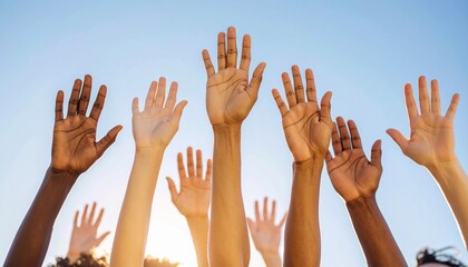 Raised diverse hands against blue sky, symbolizing unity, democracy and collective participation.
