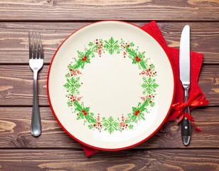 Festive Christmas dinner setting with elegant holiday plate and red ribbon ready for a delicious meal