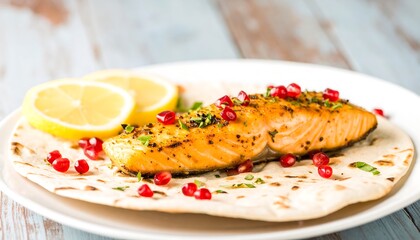 A delicious, seasoned salmon fillet sits atop a warm tortilla, garnished with pomegranate seeds and fresh herbs, accompanied by lemon slices, creating a visually appealing and flavorful dish.
