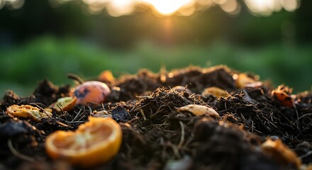 Organic composting process with decomposing fruit and vegetable scraps in a garden setting with golden sunlight
