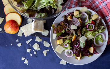 Minimalist vegetarian salad with lettuce, Parmesan cheese, apple, and red onion