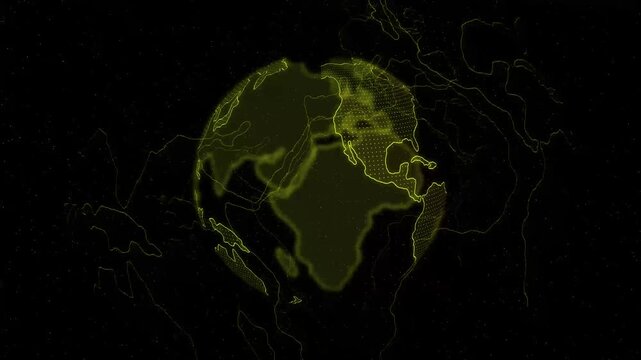 yellow globe rendering against a black background, showcasing continents and countries, suitable for presentations, educational materials, and technology related projects with a modern aesthetic.