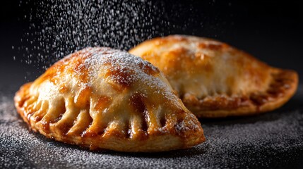 Hand pies filled with apple compote on a dark charcoal backdrop with powdered sugar dusting