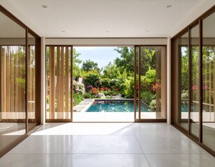Obraz premium Stunning modern home interior seamlessly blends indoor living with lush outdoor garden and inviting pool