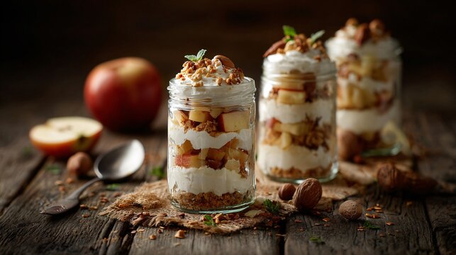 Layers of apple parfait in clear jars on a rustic table with scattered nuts and seeds - Powered by Adobe