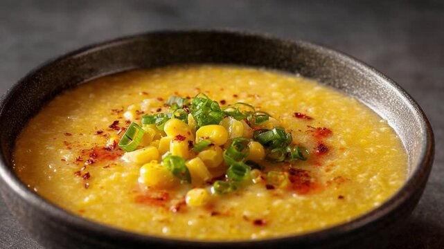 Golden Corn Chowder: A close-up shot showcases a rich, golden corn chowder, garnished with vibrant green onion, with red chilli in a rustic bowl. the image creates a sensory experience.