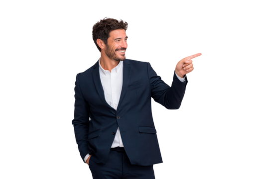 Smiling young man in suit pointing right on transparent background, PNG