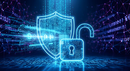 Cybersecurity Protection Secure Digital Data with Shield and Unlocked Padlock - Digital Safety