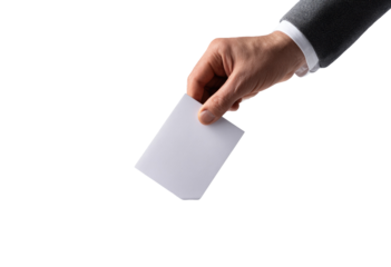 A hand in a suit jacket holds a blank white voting ballot