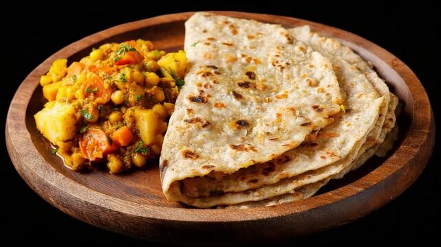 Delicious Curry with Roti on a Wooden Plate: A captivating food photograph featuring a savory curry dish alongside a stack of warm, freshly-made roti bread.