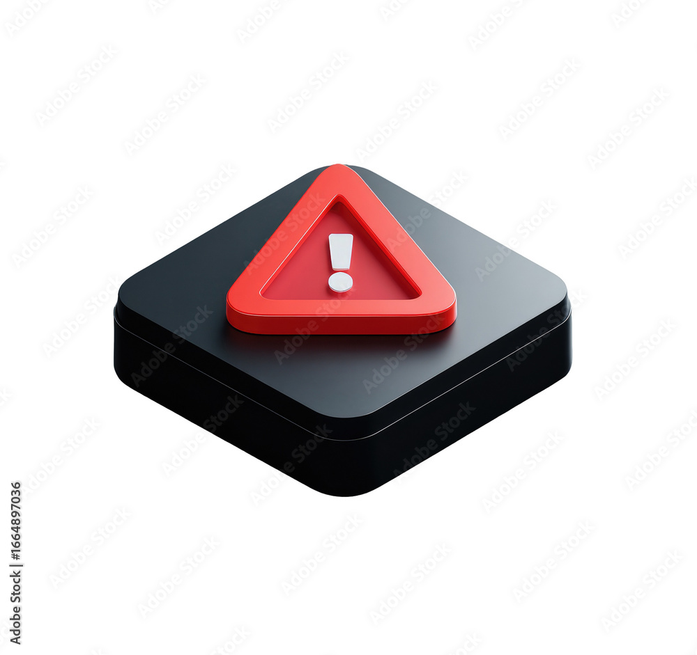 Fototapete A 3D rendered, dark gray square button with a red triangular warning sign and an exclamation mark