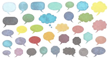 A vibrant collection of textured watercolor speech bubbles, thought clouds, and dialogue boxes in diverse shapes and colors, perfect for communication designs