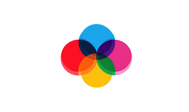 Interlocking circles of primary and secondary colors on a black background