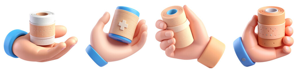 Hand holding medical bandage cartoon style first aid healthcare wound care soft color 3D illustration clean isolated safety comforting